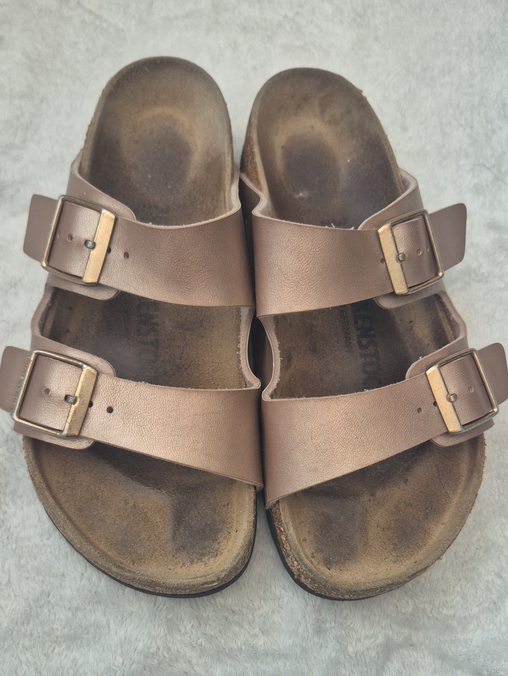 Birkenstock Double-Buckle Sandals in Metallic Rose Brown